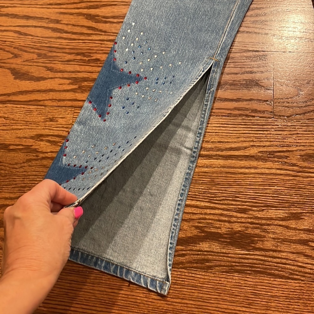 NWT TOMMY JEANS VINTAGE woman’s Star dazzle rhinestone flare  jeans high slits 9 - Picture 3 of 17